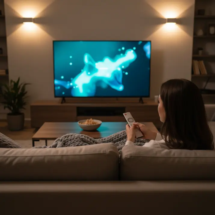 Cozy 4K video on demand streaming night in a modern living room