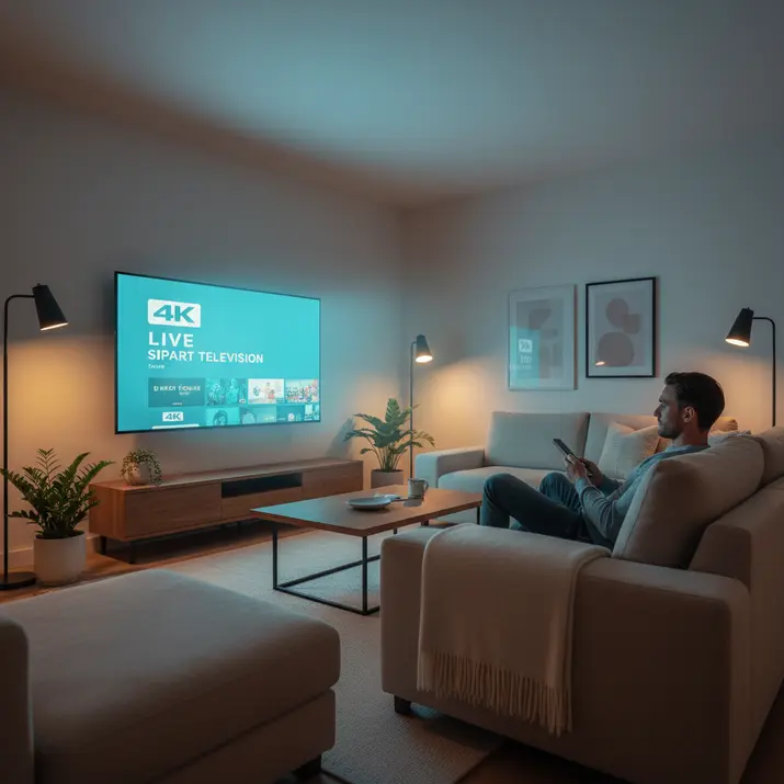 Premium IPTV streaming setup on a Smart TV in a living room