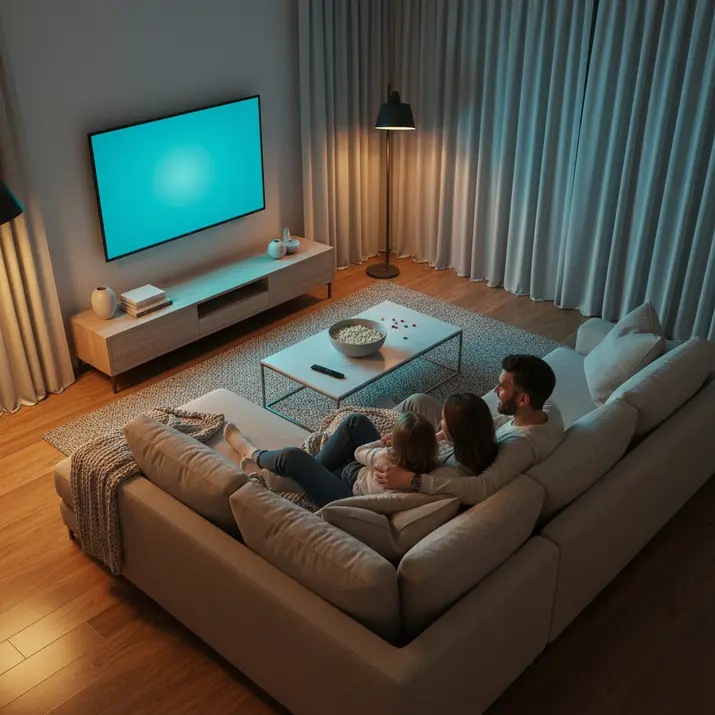 Family movie night with a premium home streaming setup using legal IPTV