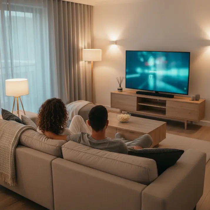 Nighttime 4K IPTV streaming experience in a modern UK home