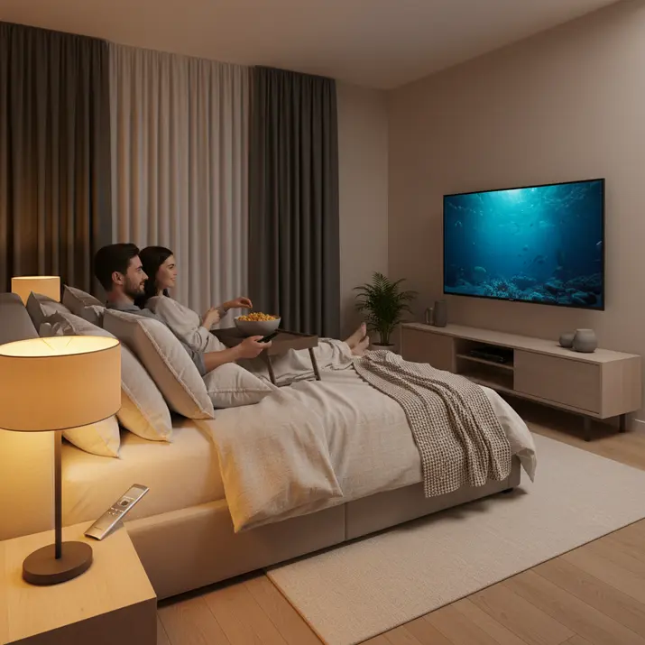 Premium bedroom IPTV viewing experience with cinematic night ambience
