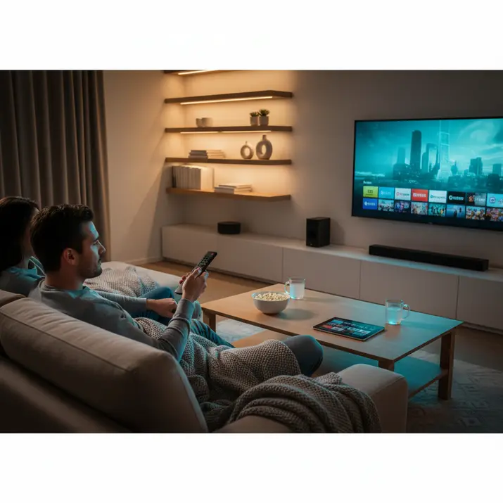 Premium IPTV viewing experience and channel browsing in a modern UK home