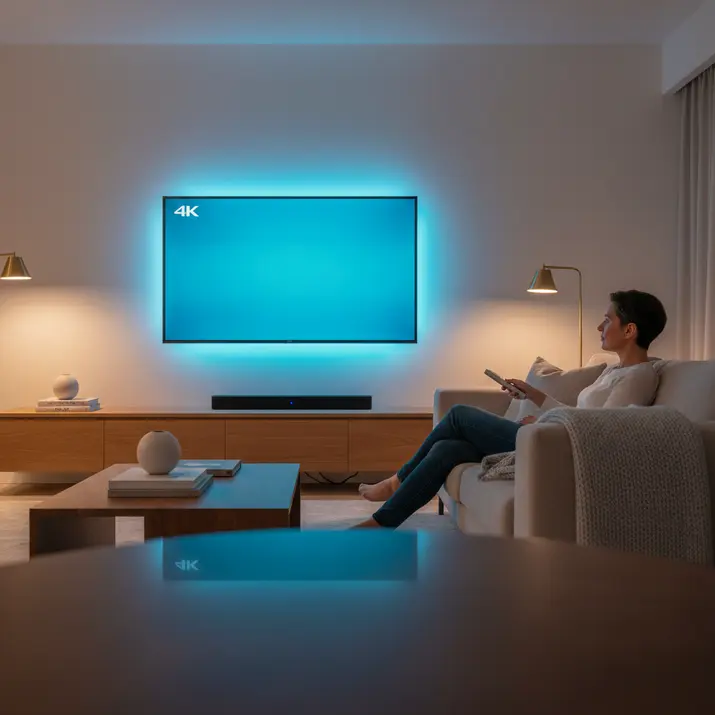 Premium Smart TV streaming setup in a modern UK living room for legal IPTV